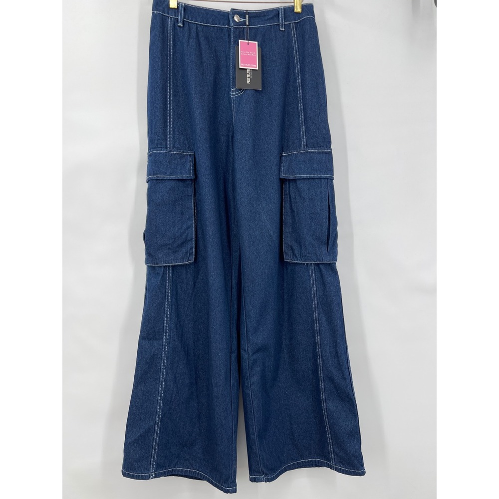 PrettyLittleThing Womens 8 Wide Leg Cargo Jeans Blue White Stitch USA‎ Grunge
